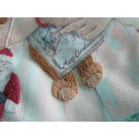 Vintage Embroidered Finished Christmas Stocking Girl Doll Teddy Bear Santa GUC - Picture 7 of 16